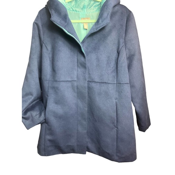 Chico's Hooded Coat, Faux-Wool Winter Mid Jacket | Size 2 (Large) | Navy Blue - Picture 4 of 10